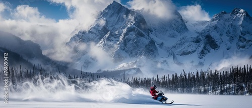 A rider on a snowmobile charges through the snowy terrain with a backdrop of dramatic mountain peaks.