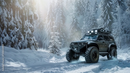 A rugged all-terrain vehicle stands ready for an exhilarating journey through a snow-covered forest.