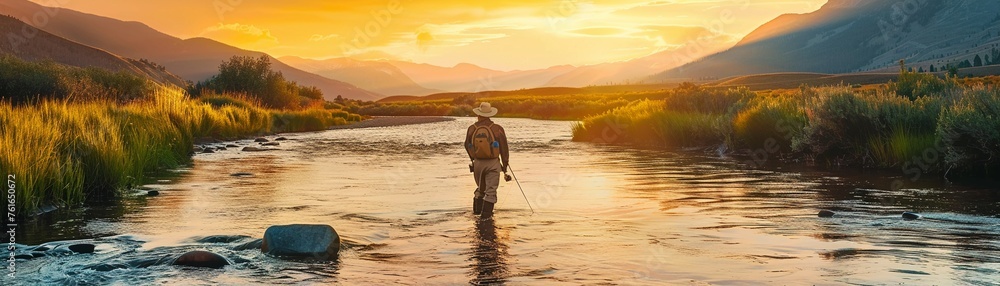 An angler enjoys fly fishing in a serene river flowing through a mountainous landscape at sunset.