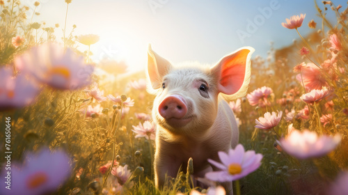 Cute, beautiful pig in a field with flowers in nature, in sunny pink rays. photo