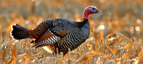 Majestic turkey struts proudly in a cornfield after the harvest, displaying its grandeur