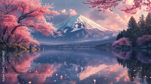 Dotted Delight: Cherry Blossoms at Mount Fuji, generative ai © Matus