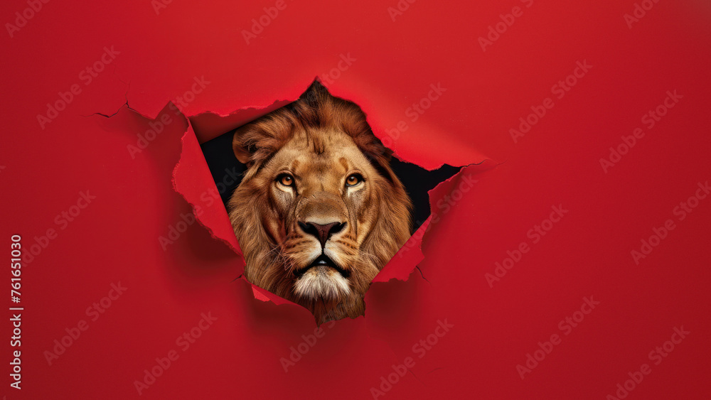 The intense gaze of a lion fixated through a simple tear in a red background, depicting focus and presence - obrazy, fototapety, plakaty 
