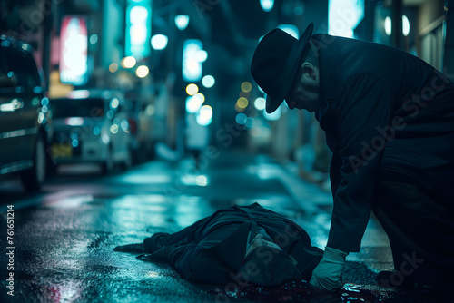 Detective private detective police cop investigates a murder at a crime scene on a city street, studying the victim's corpse, searching for evidence at night in hot pursuit photo