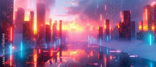 A futuristic cityscape built from glowing geometric shapes, bathed in a random color theme