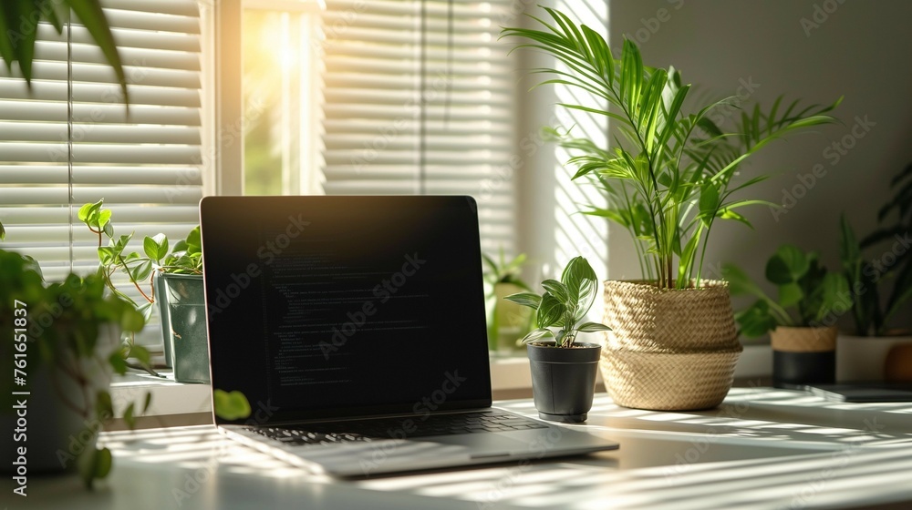 Modern Workspace with Laptop and Potted Plant, generative ai Modern Workspace with Laptop and Potted Plant, generative ai
