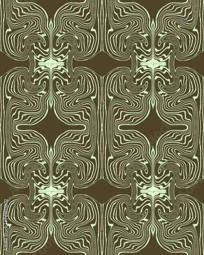 Seamless geometric decorative pattern in Art Deco style with streaks and symmetry on a dark background. Suitable for interior, wallpaper, fabrics, clothing, stationery.