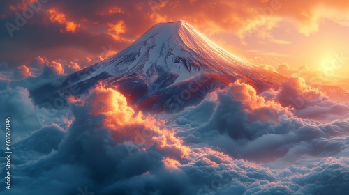 Frozen Majesty: Hyper-Realistic Close-Up of Mount Fuji's Summit, generative ai