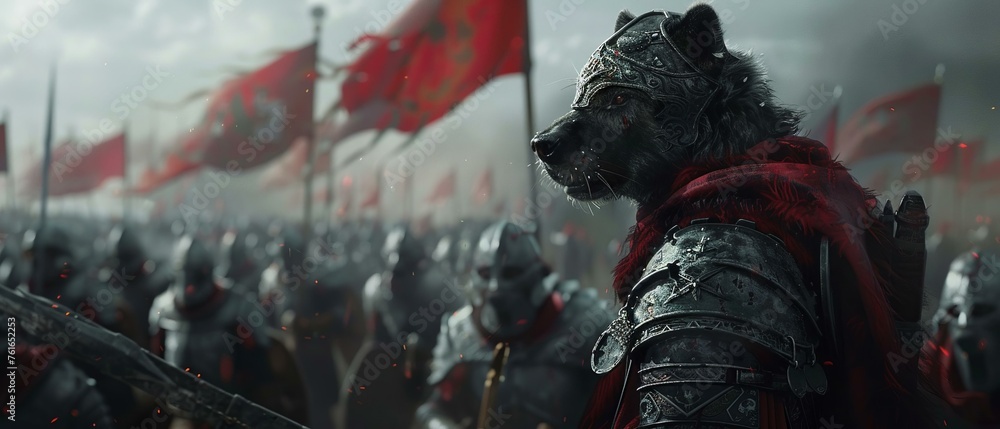 A dog kingdom under siege, with brave defenders using enchanted armor and weapons