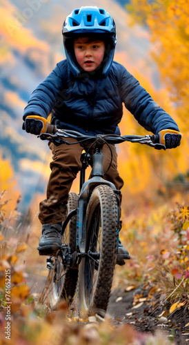 Adventurous kid explores nature on bike with safety equipment for protection