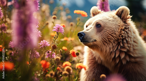 Cute, beautiful bear in a field with flowers in nature, in sunny pink rays. Environmental protection, nature pollution problem, wild animals.