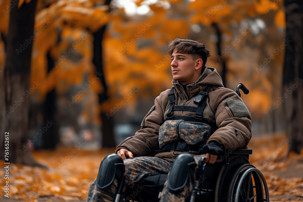 young military soldier disabled man with prosthetic legs in invalid wheelchair on a walk in park at autumn