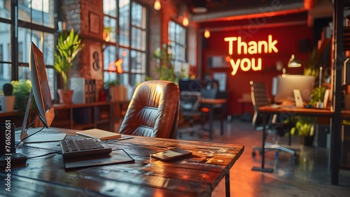 Gratitude shines with "Thank you" on an office backdrop.