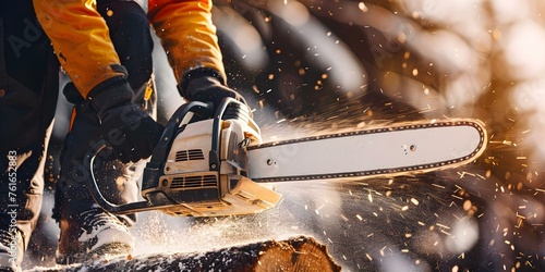 A professional worker in safety gear operates a chainsaw to cut trees. Concept Outdoor Work, Safety Gear, Chainsaw, Tree Cutting, Professional Worker photo