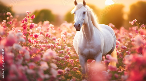 Cute  beautiful white horse in a field with flowers in nature  in sunny pink rays.