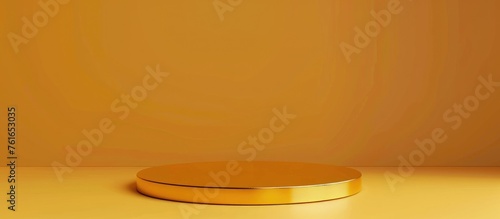 Golden circular pedestal against a yellow backdrop. Blank platform for showcasing products. Minimalist podium mockup.