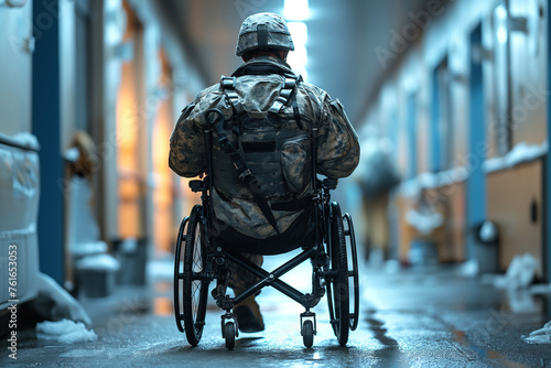 back of military soldier disabled man with an amputated leg in invalid wheelchair on medicine hospital photo
