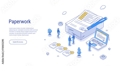 People do paperwork concept design. everyday life of an office worker. People stand near a large stack of paper documents and work at a computer. Outline Isometric 3d vector illustration 