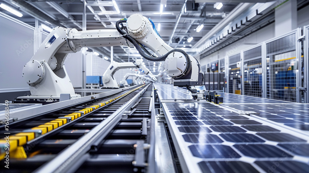 With robotic precision the factory assembles solar panels