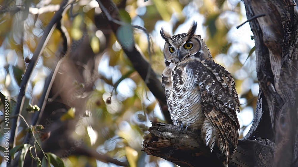 Obraz premium Great Horned Owl perched in a tree