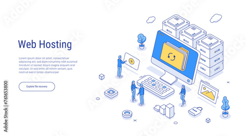 Character staying near control panel and managing files and data on cloud web server. Web hosting service with cyber security technology concept. Outline isometric. Line 3d vector.