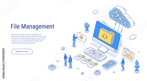 File management concept. Character search, share and secure transfer documents, folders and other data from devices in cloud database storage. Outline isometric. 3d line vector illustration.