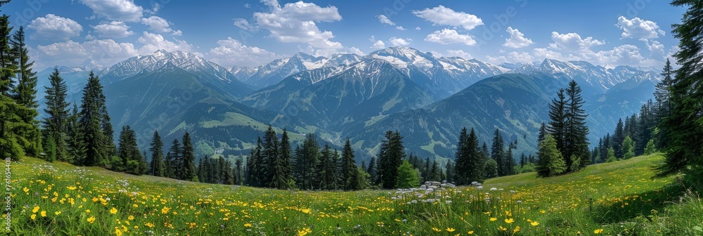 Fototapeta premium Tranquil mountain scenery lush meadows and wildflowers in rural nature panorama
