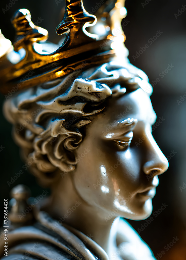 A close up of a figure of a woman wearing a crown, queen chess piece photo portrait