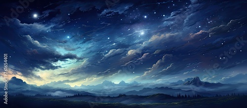 A painting depicting a dusk sky with cumulus clouds and shining stars, creating a peaceful atmosphere in the natural landscape © 2rogan
