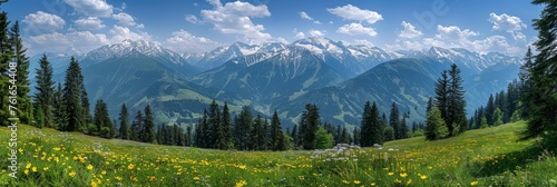 Tranquil mountain scenery lush meadows and wildflowers in rural nature panorama