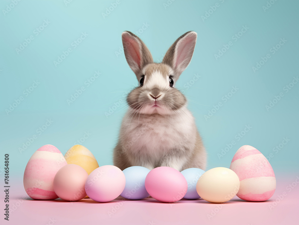 Cozy Easter card template. Funny easter bunny with eggs. Happy Easter backdrop. Spring celebrations background. Cozy Easter card template. Funny easter bunny with eggs. Happy Easter backdrop. Spring celebrations background.