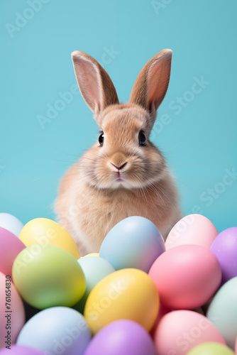 Cozy Easter card template. Funny easter bunny with eggs. Happy Easter backdrop. Spring celebrations background. © Aleksandr