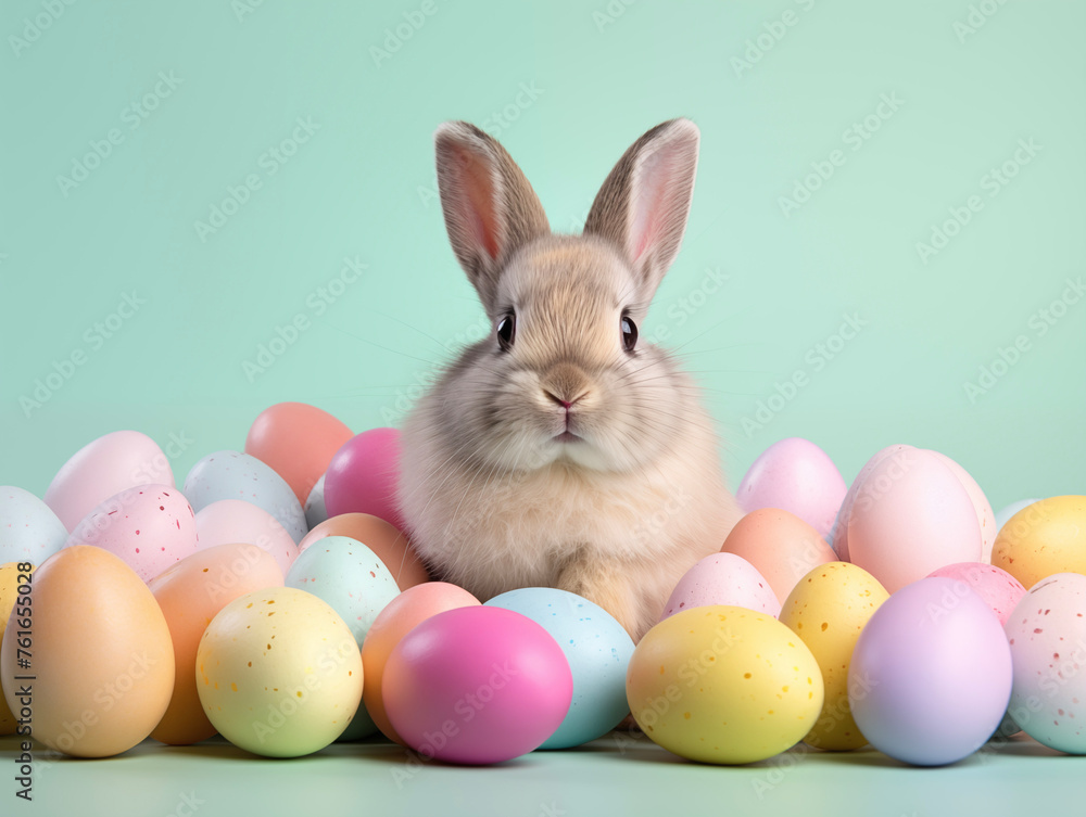 Cozy Easter card template. Funny easter bunny with eggs. Happy Easter backdrop. Spring celebrations background. Cozy Easter card template. Funny easter bunny with eggs. Happy Easter backdrop. Spring celebrations background.