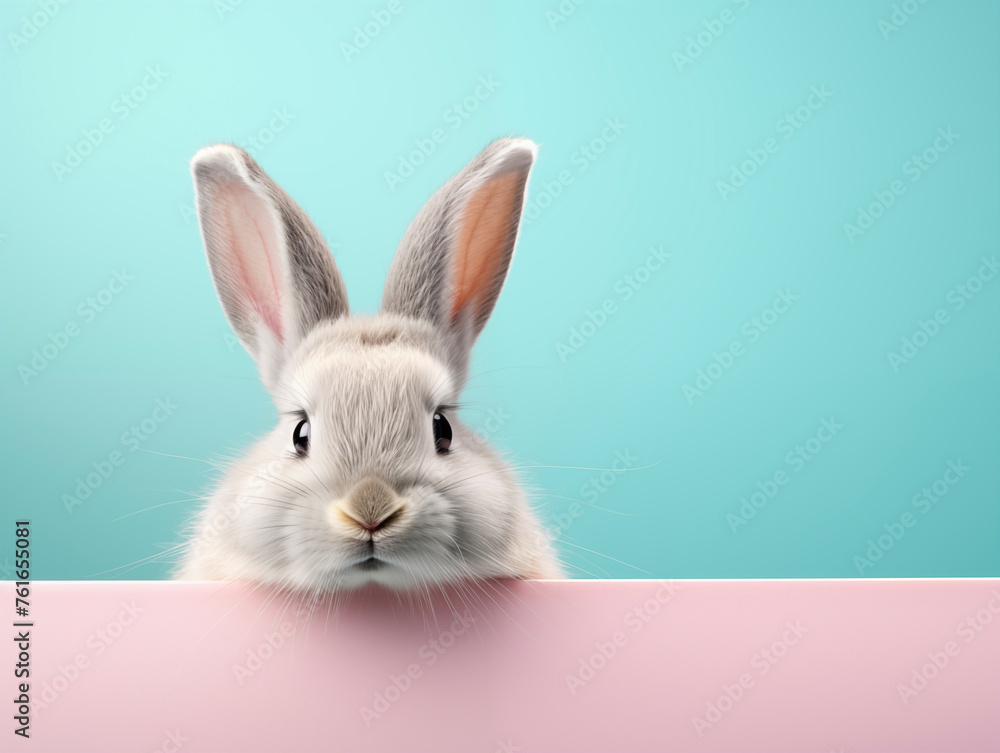 Obraz premium Cozy Easter card template. Funny easter bunny with eggs. Happy Easter backdrop. Spring celebrations background.