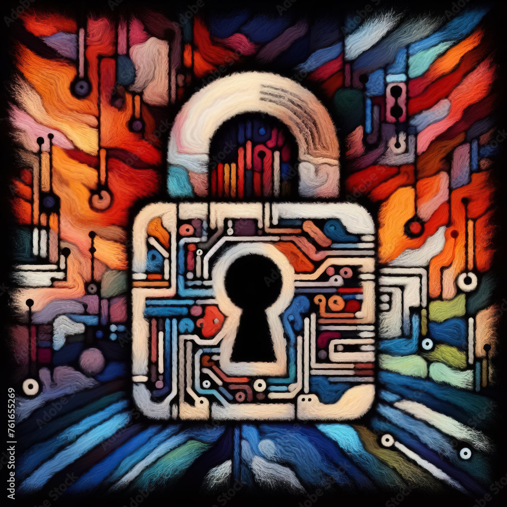 Felt art patchwork, Secure data lock symbol, representing the ongoing battle for cybersecurity and the protection of sensitive information in a high-tech world Felt art patchwork, Secure data lock symbol, representing the ongoing battle for cybersecurity and the protection of sensitive information in a high-tech world