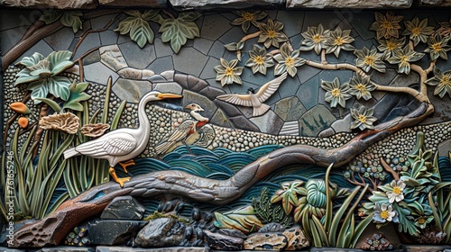 A close-up of the intricate tile mosaic on the hearth of a craftsman townhouse's fireplace, depicting scenes of nature and adding a touch of artistic flair to the cozy living room. photo