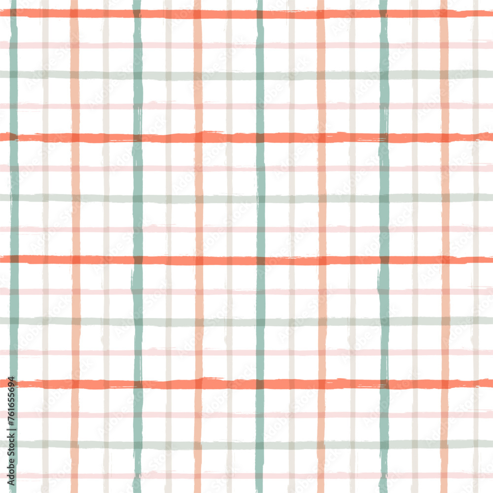 Gingham seamless pattern. Watercolor pastel plaid ornament. Brush stripes tartan texture for shirts, tablecloths, clothes, bedding, blankets. Vector checkered summer girly print