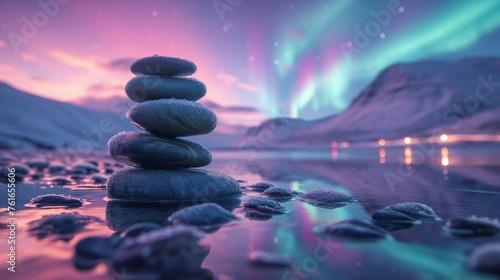 Stacked Stones in Arctic Glow  generative ai