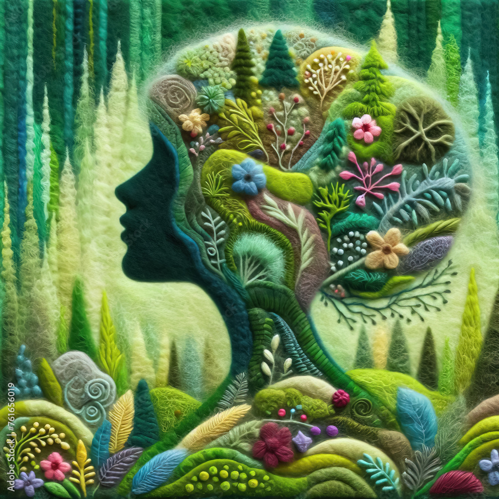 Obraz premium Felt art patchwork, woman's face profile with environmentally concept