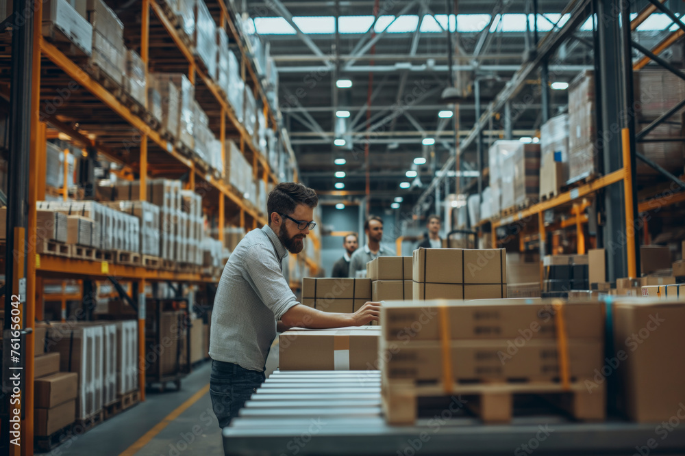 A man is working in a warehouse, surrounded by boxes and pallets. He is focused on his task, possibly organizing or packing items. The atmosphere of the image is busy and industrious A man is working in a warehouse, surrounded by boxes and pallets. He is focused on his task, possibly organizing or packing items. The atmosphere of the image is busy and industrious