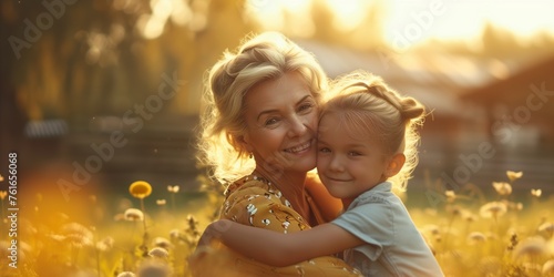 Joyful Grandmother Embracing Grandchildren in Garden