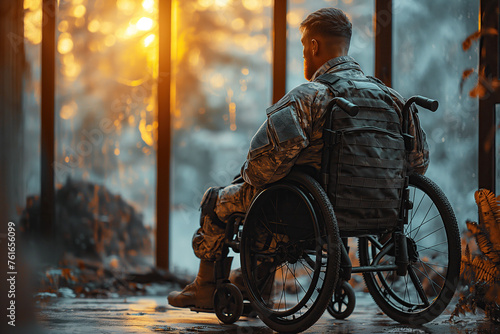 back of sad military soldier disabled man with prosthetic legs sitting in invalid wheelchair at home near window