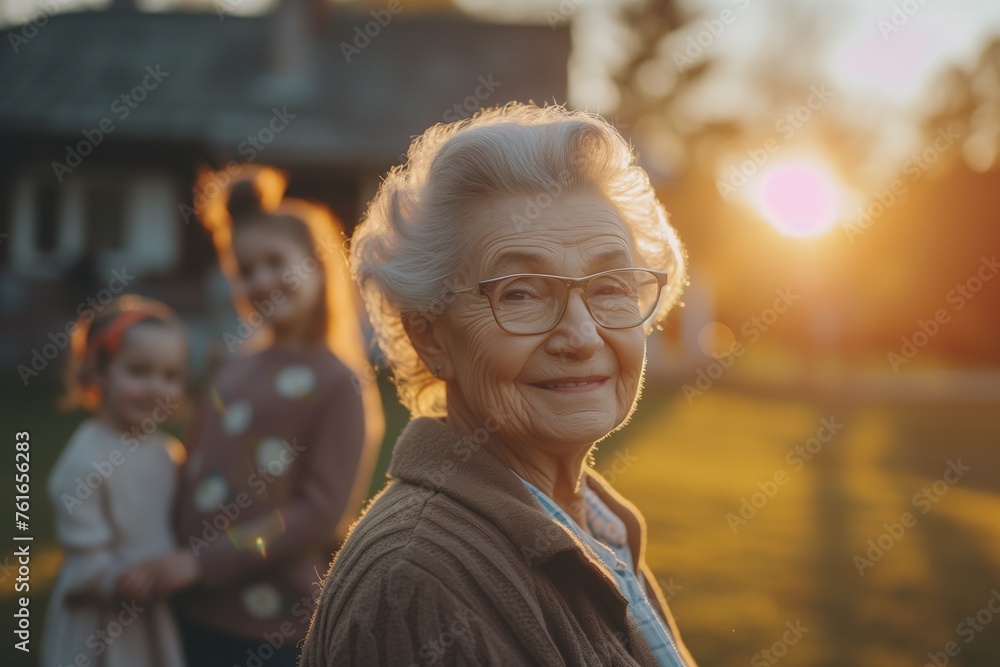 Obraz premium Joyful Grandmother Embracing Grandchildren in Garden