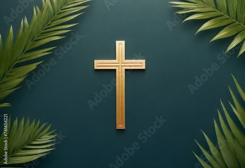 cross on green background with palm leaves