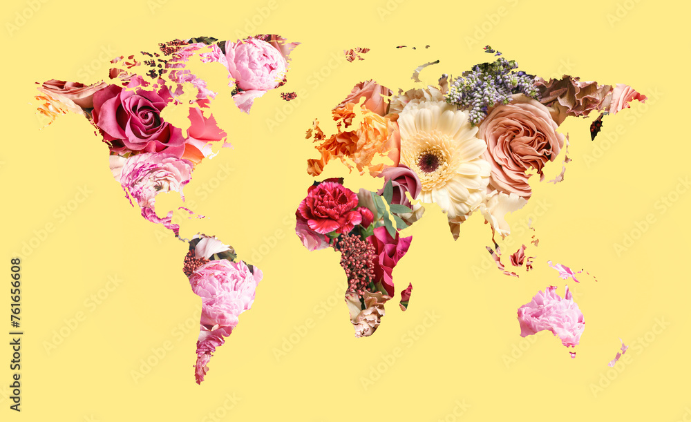 World map made of beautiful flowers on yellow background, banner design
