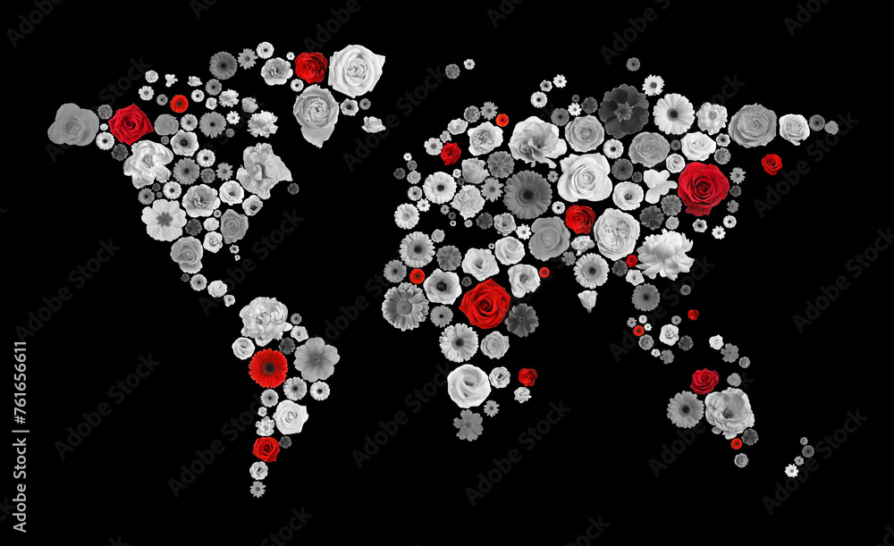 World map made of beautiful flowers on black background, banner design World map made of beautiful flowers on black background, banner design