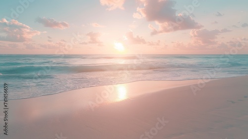 Tranquil coastal sunset scenic ocean beach with colorful sky, island silhouette, and waves on shore