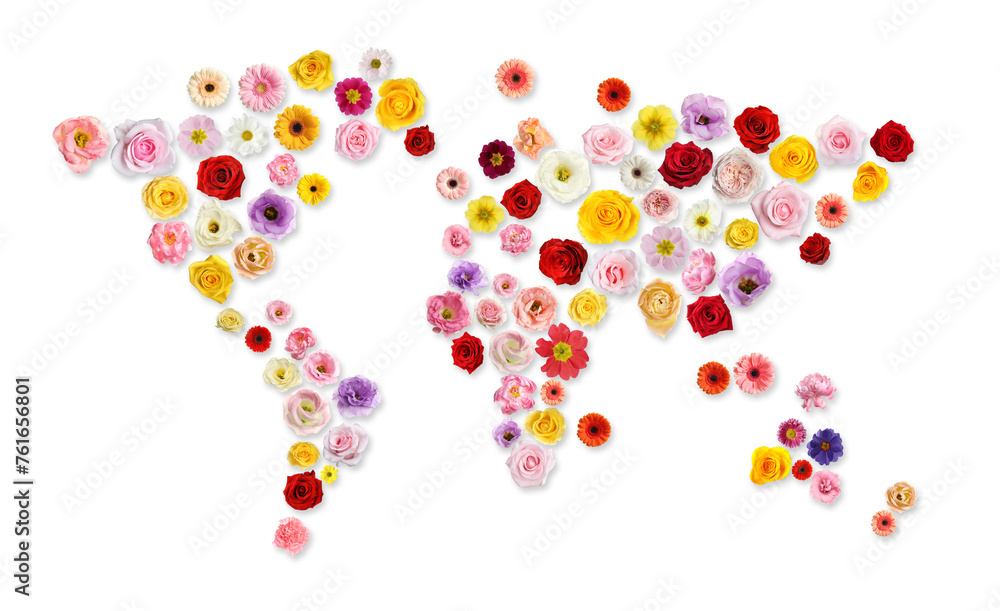World map made of beautiful flowers on white background, banner design