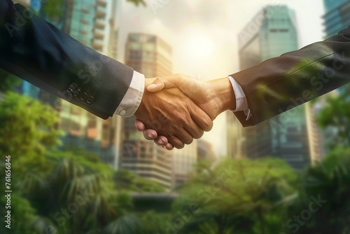 Sustainability in business, two partner are shaking hands in office, Deal, Collaborative teamwork, Environmental, climate change, blur green city background, negotiation.