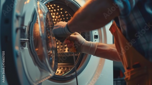 A man is working on a washing machine